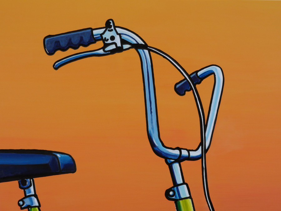 Handlebars and brake lever of First Bike, with blue grips against an orange ground