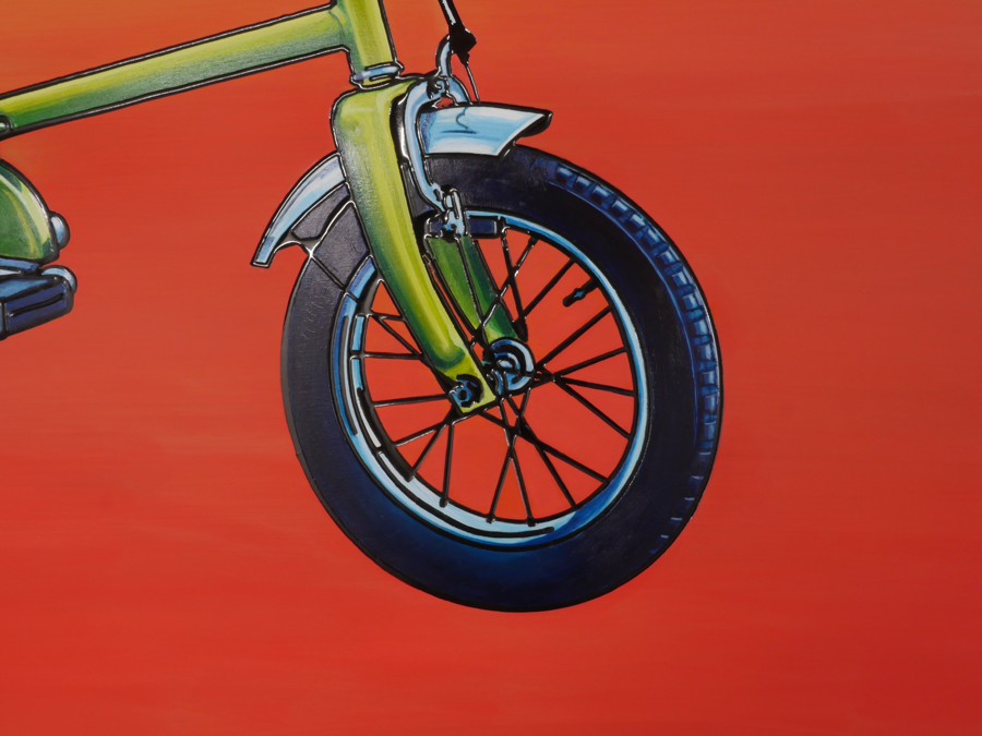 Front wheel and lime-green fork of First Bike